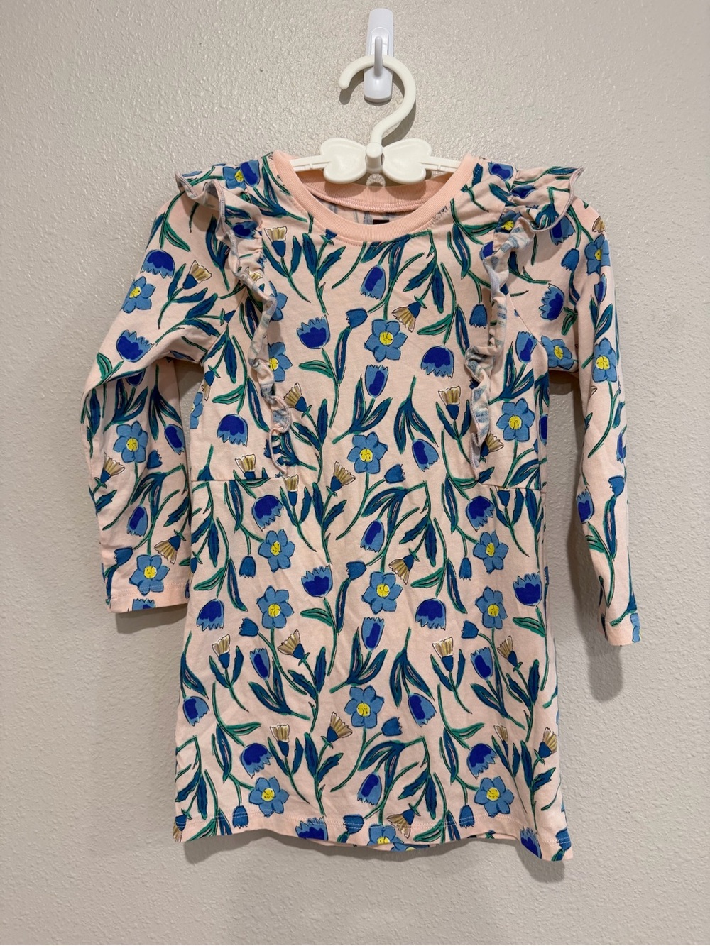 Tea Collection Blue Floral Ruffle Dress Girls Size 4 EUC